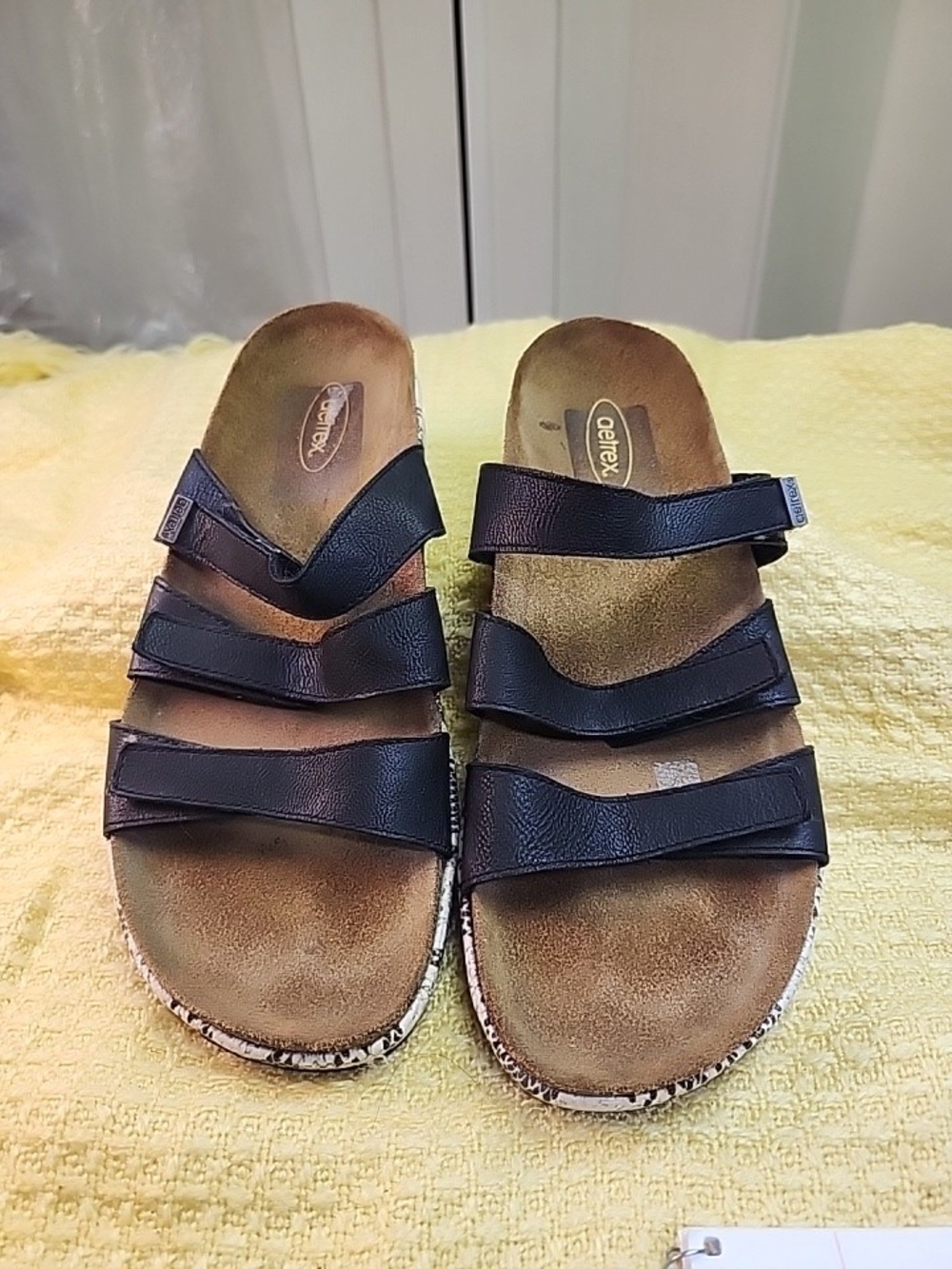 Aetrex Black Triple-Strap Leather Slide Sandals